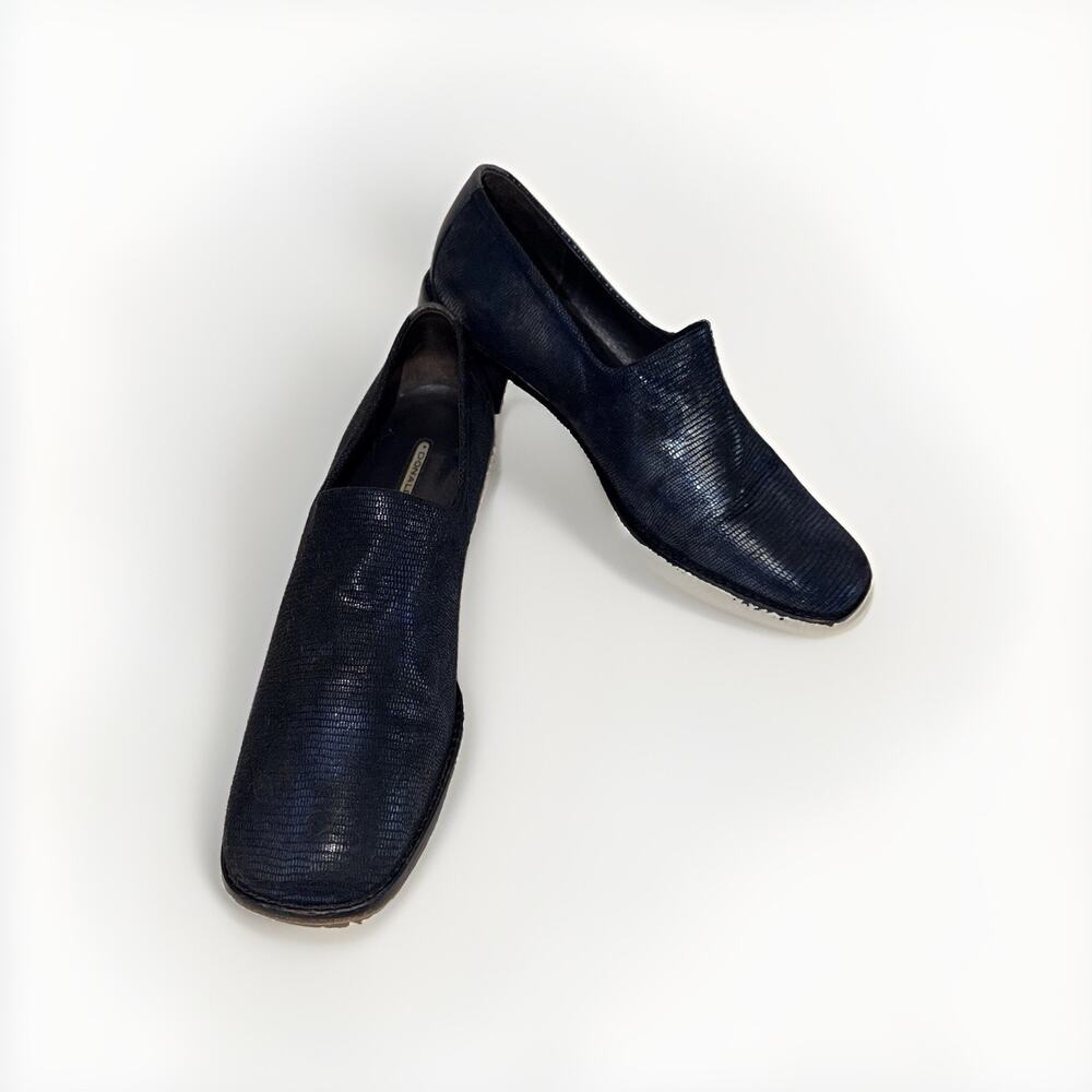 Donald J Pliner Navy Lizard Embossed Square Toe Slip On Loafer 9M Spain JB2